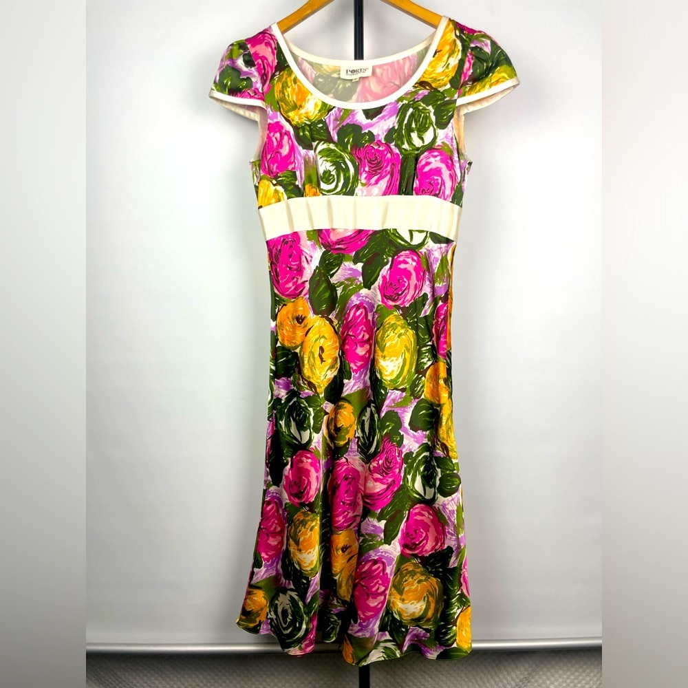 Ports International Multicolor Floral 100% Silk Short Cap Sleeve Flowy Dress
